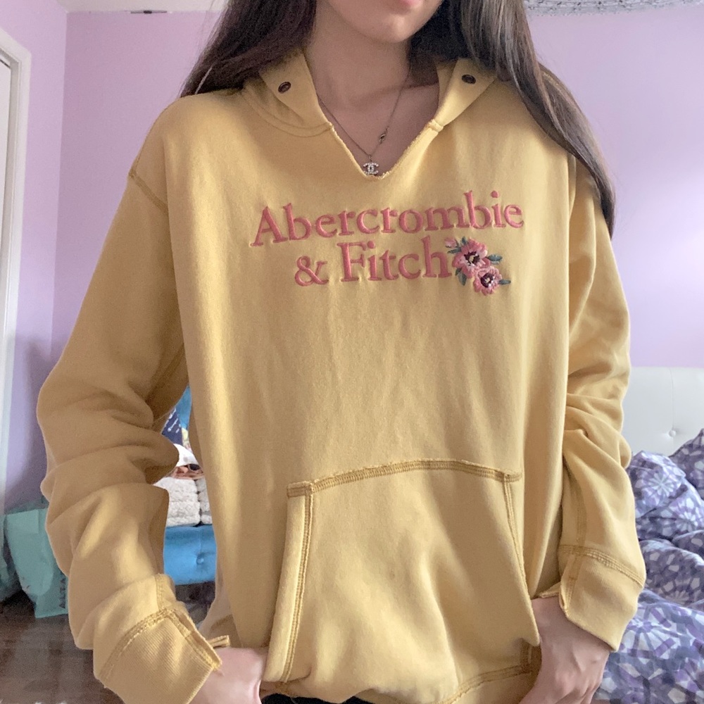 Abercrombie & Fitch Mustard Yellow Logo Hoodie with Pink Embroidered Flowers